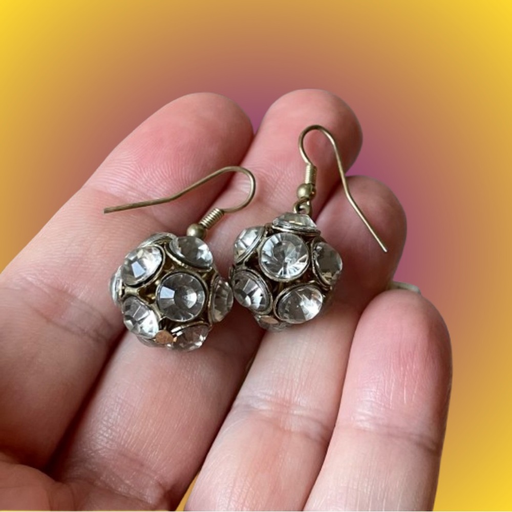 Vintage clear/white rhinestone disco ball dangle earrings Showgirl